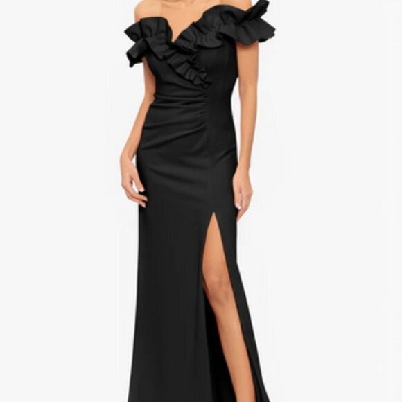 Xscape Black Ruffle Off the Shoulder Scuba Crepe Gown - Picture 1 of 4